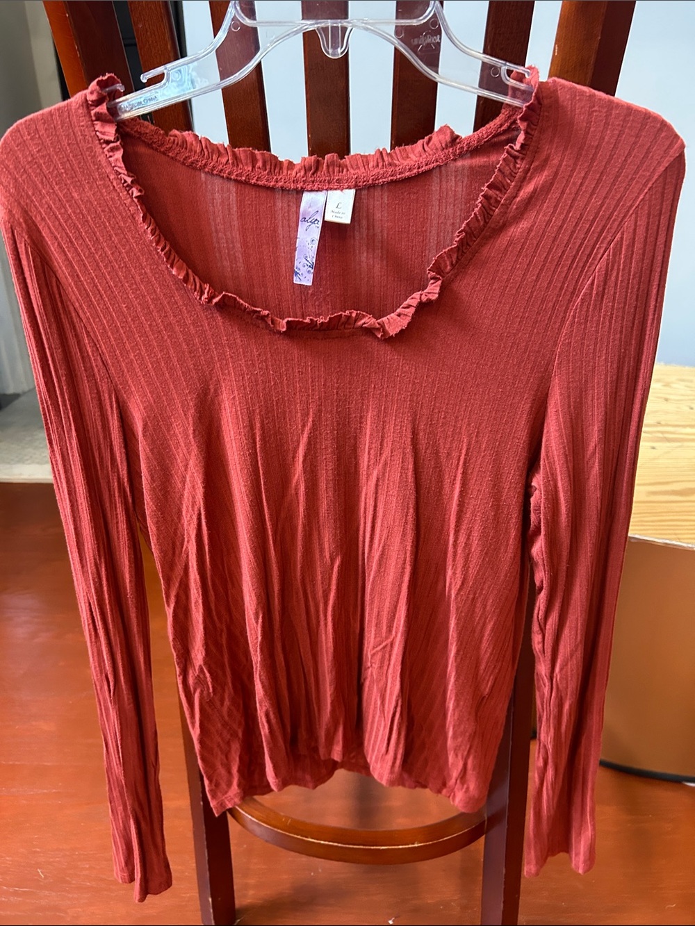 Alya Rust Red Ribbed Long-Sleeve Top with Ruffle Neck - Picture 9 of 10